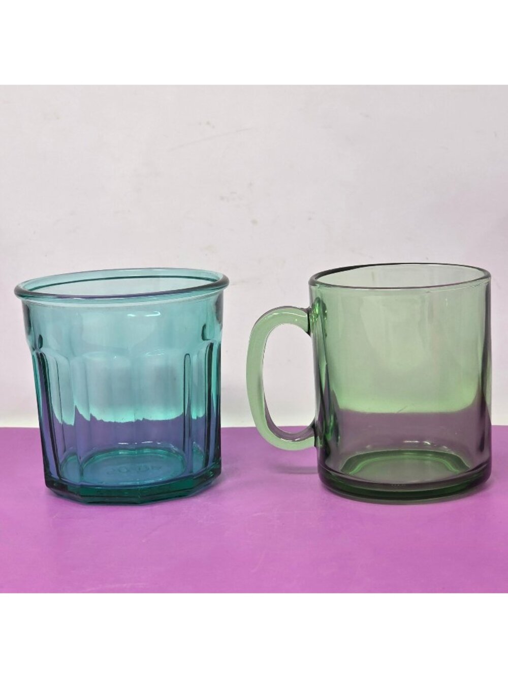 Vintage France Glass Tumbler & Green Mug Lot‎ Retro MCM Colored Glass Drinkware